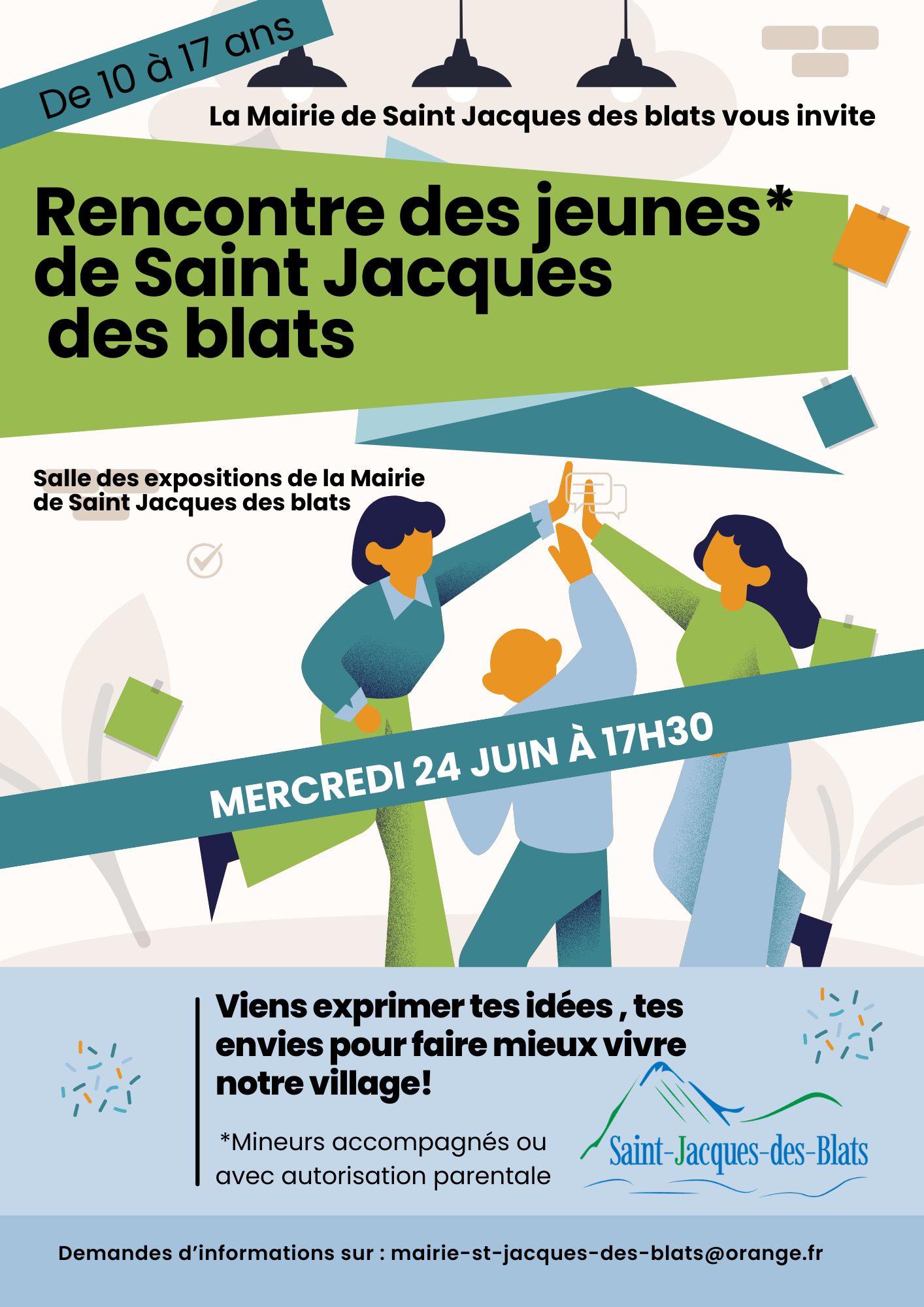 La Municipalité de Saint-Jacques-des-Blats invite les jeunes de la commune âgés de 10 à 17 ans à participer à une rencontre d'échange et de réflexion le mercredi 24 juin à 17h30