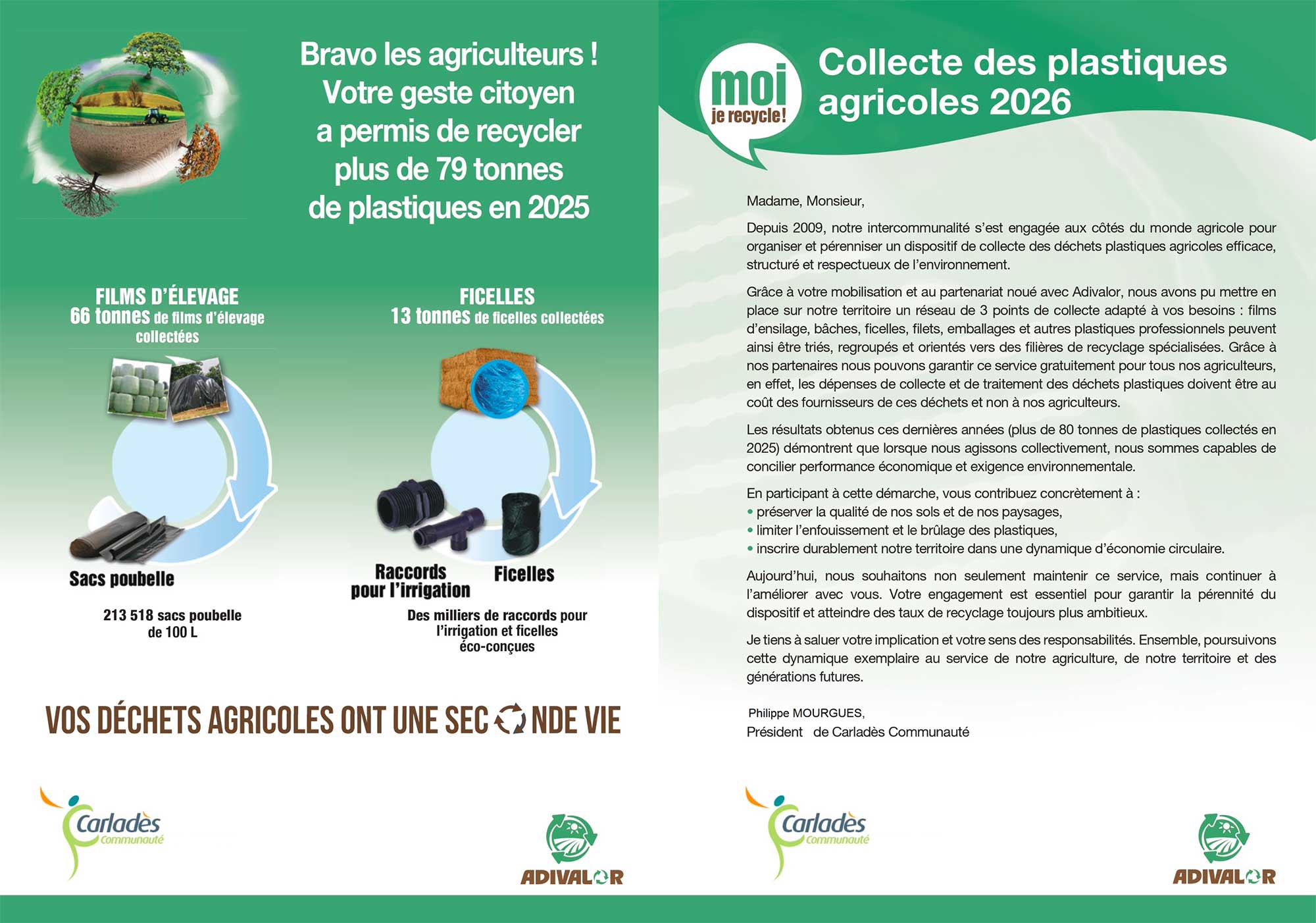 Collecte des plastiques agricoles 2026, le lundi 11 et mardi 12 mai, plusieurs points de collecte sont mis à disposition : Badailhac, Polminhac, Thiézac