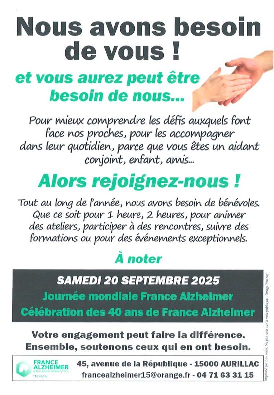 Nous avons besoin de vous ! et vous aurez peut-être besoin de nous... Rejoignez France Alzheimer !