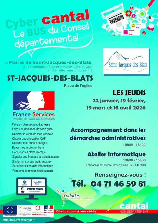 Durant le premier trimestre 2026, le "CyberCantal - le bus" assure des permanences un jeudi par mois à Saint-Jacques-des-Blats.